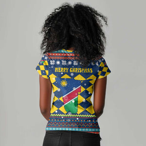 Namibia Christmas Women V-Neck T-Shirt Coat of Arms and Flag Map Motif - African Pride