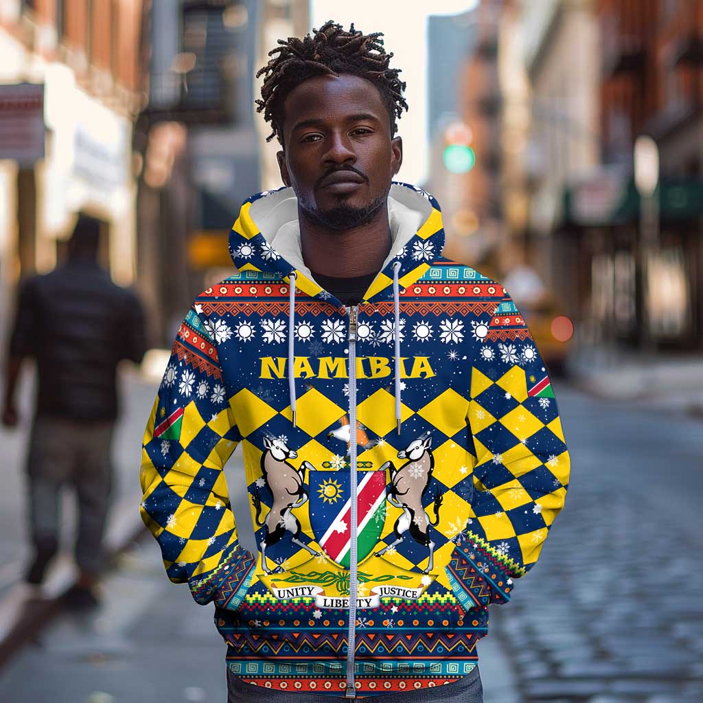 Namibia Christmas Zip Hoodie Coat of Arms and Flag Map Motif - African Pride