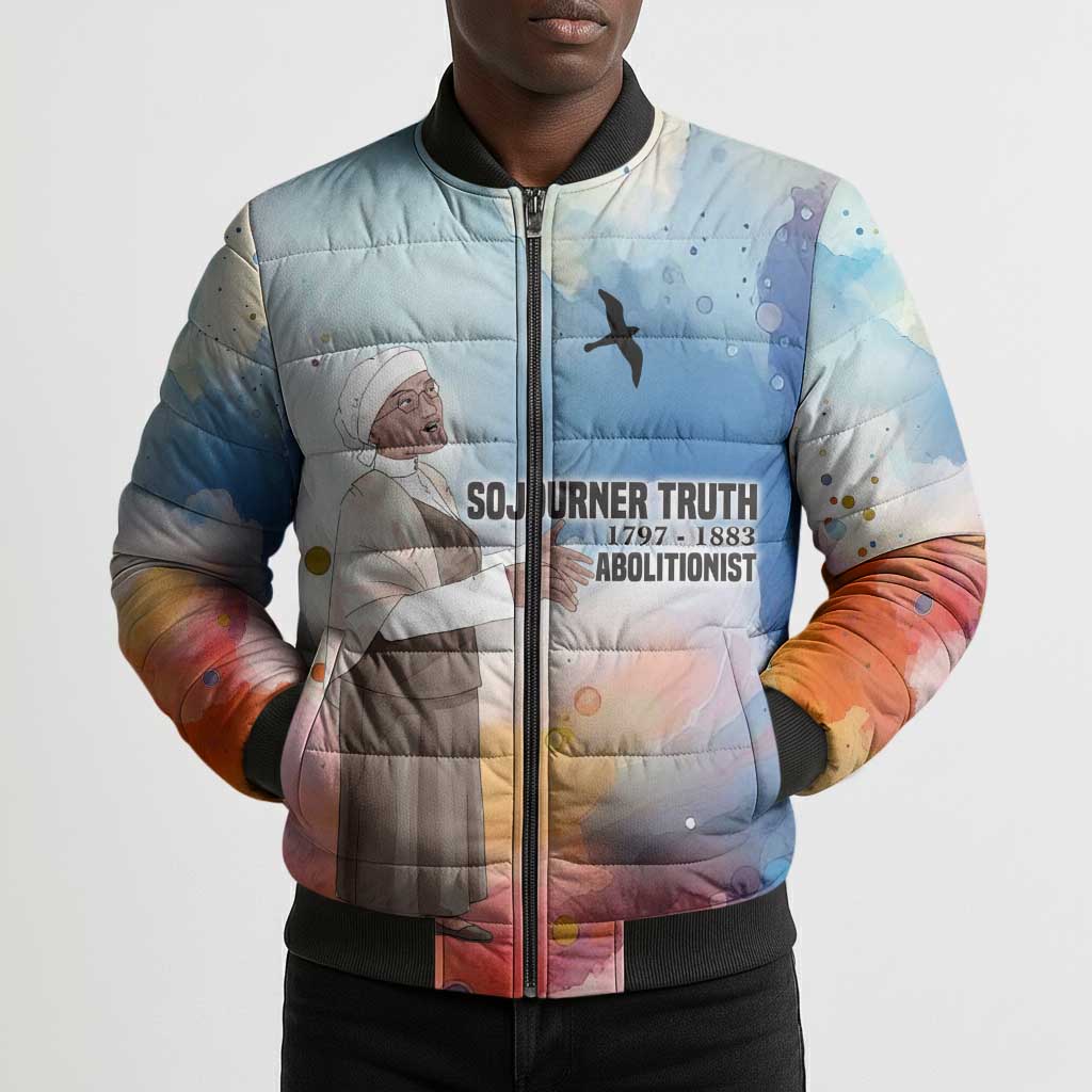 Sojourner Truth Bomber Puffer Jacket I Sell the Shadow - Abolitionist Legacy Watercolor Design - African Pride