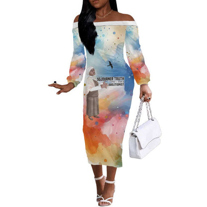 Sojourner Truth Off The Shoulder Long Sleeve Dress I Sell the Shadow - Abolitionist Legacy Watercolor Design - African Pride