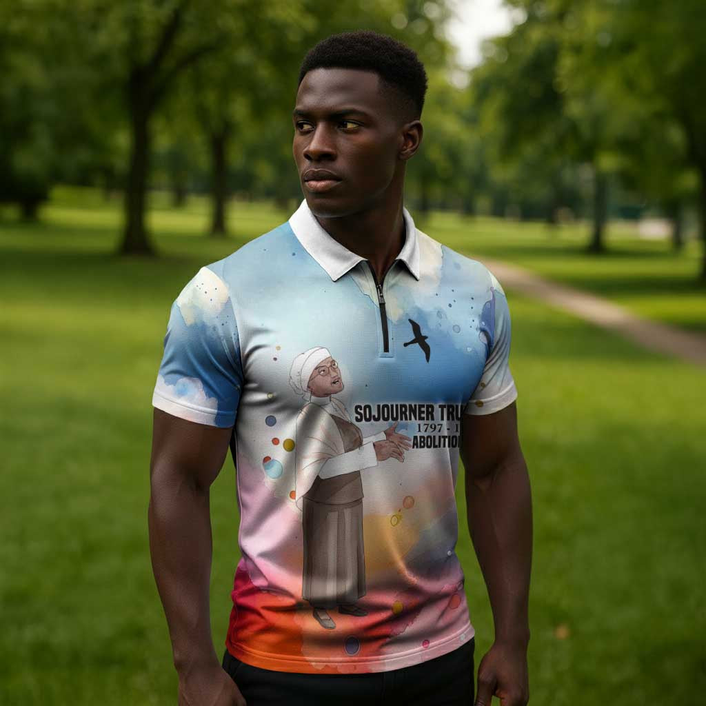 Sojourner Truth Zipper Polo Shirt I Sell the Shadow - Abolitionist Legacy Watercolor Design - African Pride