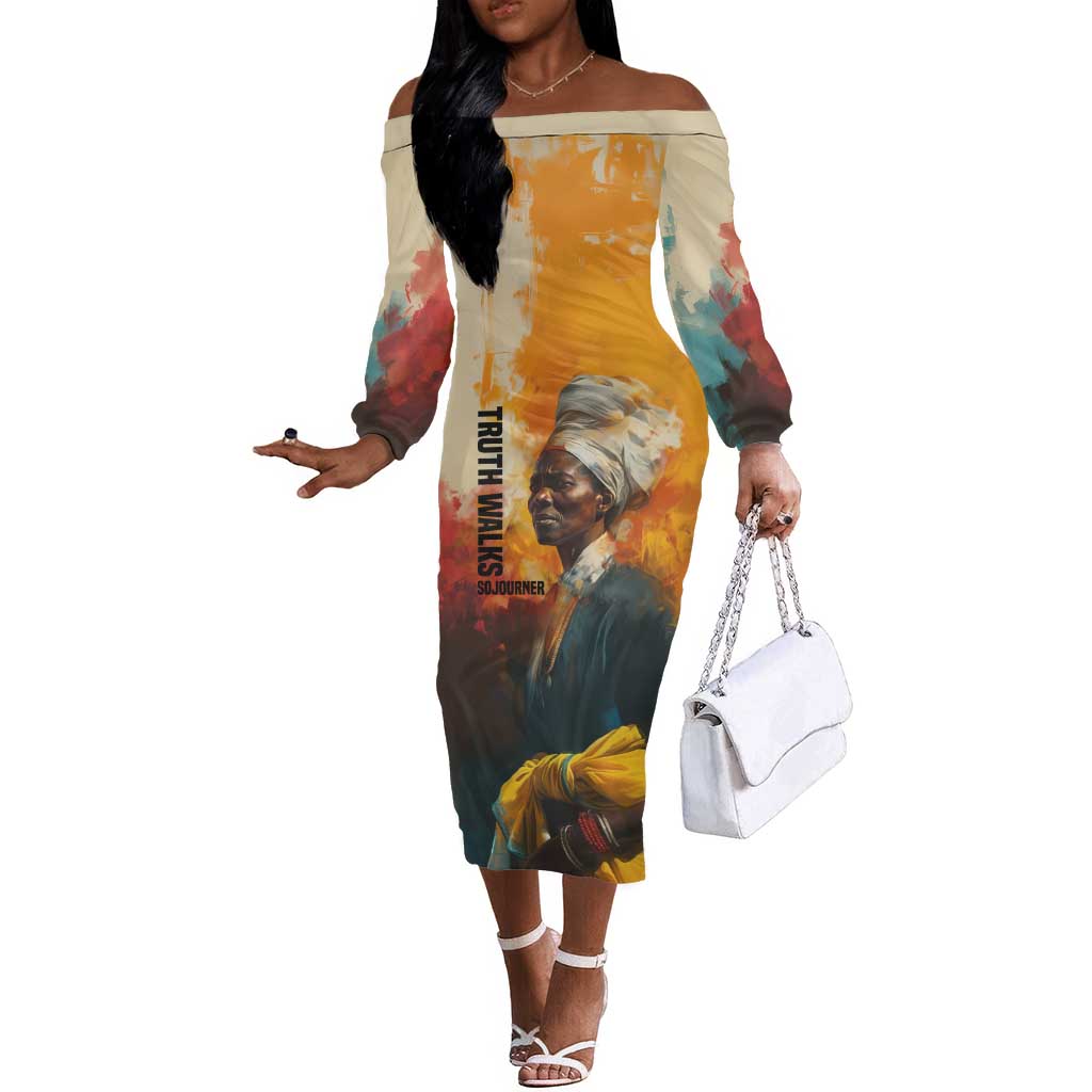 Sojourner Truth Off The Shoulder Long Sleeve Dress Truth Walks - Bold Portrait and Empowerment Design - African Pride
