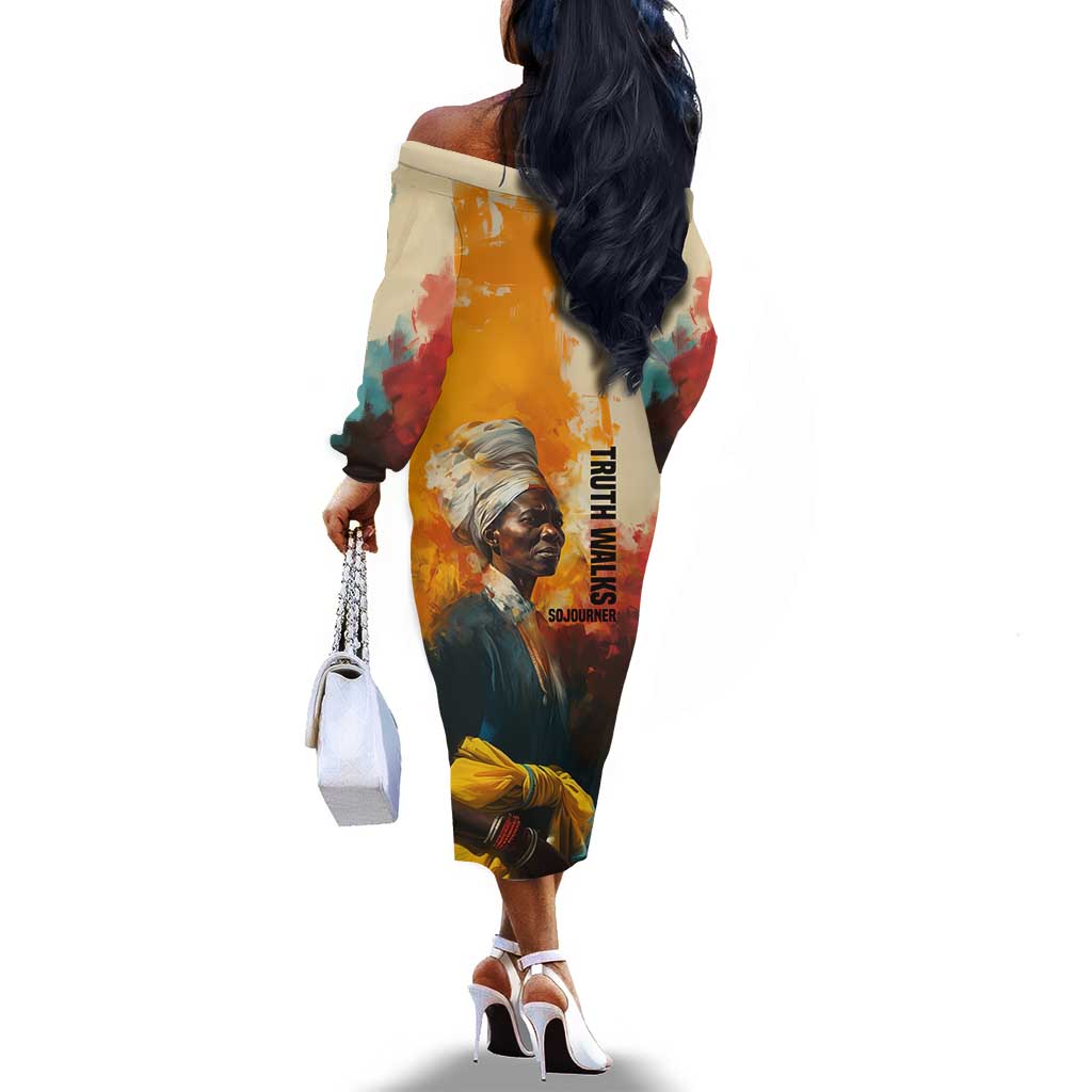 Sojourner Truth Off The Shoulder Long Sleeve Dress Truth Walks - Bold Portrait and Empowerment Design - African Pride
