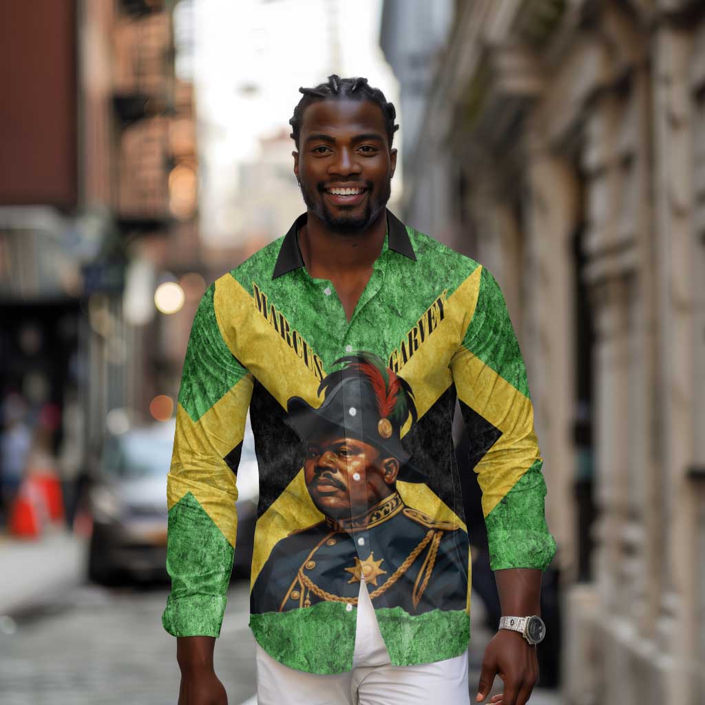 Marcus Garvey Long Sleeve Button Shirt Jamaican Flag Theme African Fist Civil Rights Symbol Pan African Tribute Design - African Pride