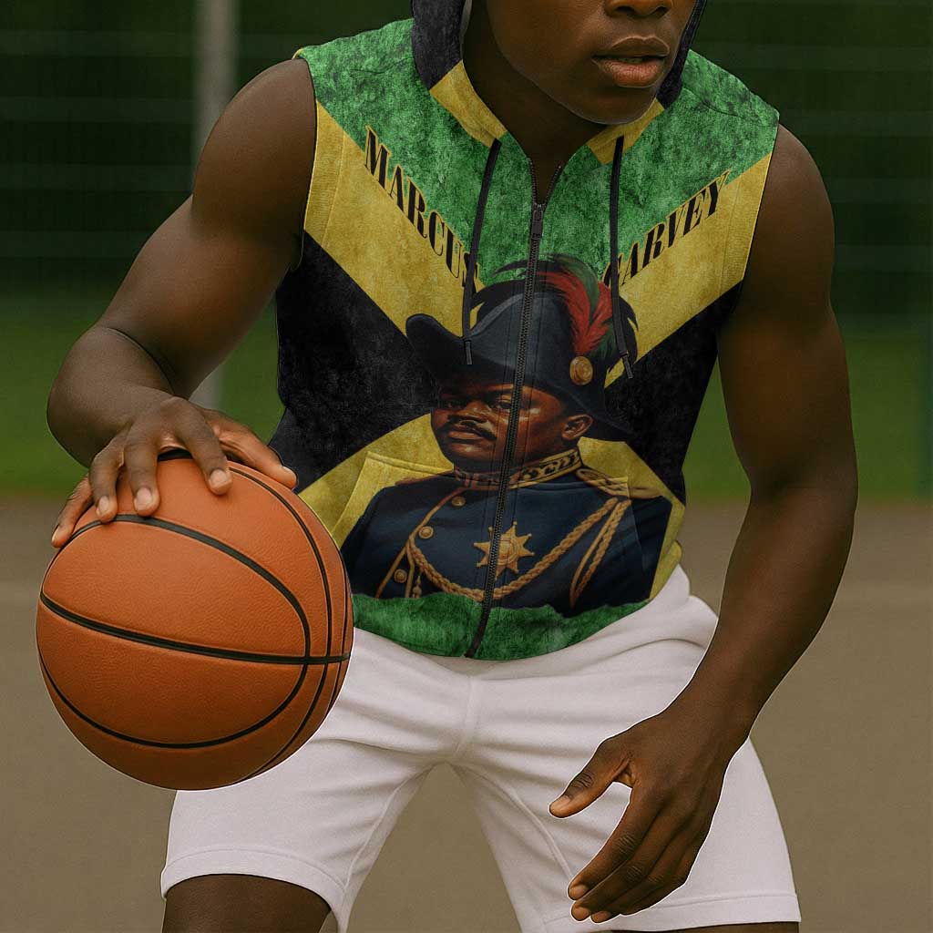 Marcus Garvey Sleeveless Zip Hoodie Jamaican Flag Theme African Fist Civil Rights Symbol Pan African Tribute Design - African Pride