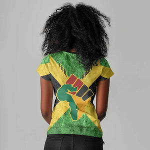 Marcus Garvey Women V-Neck T-Shirt Jamaican Flag Theme African Fist Civil Rights Symbol Pan African Tribute Design TS04