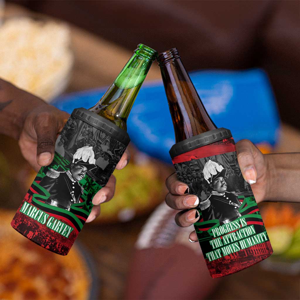 Marcus Garvey 4 in 1 Can Cooler Tumbler Collage Design Progress Is the Attraction Quote Pan African Movement Tribute - African Pride