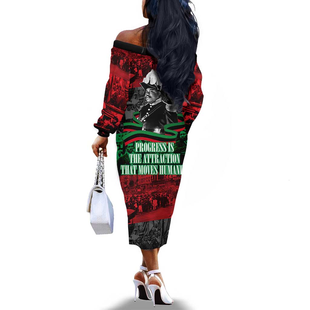 Marcus Garvey Off The Shoulder Long Sleeve Dress Collage Design Progress Is the Attraction Quote Pan African Movement Tribute - African Pride