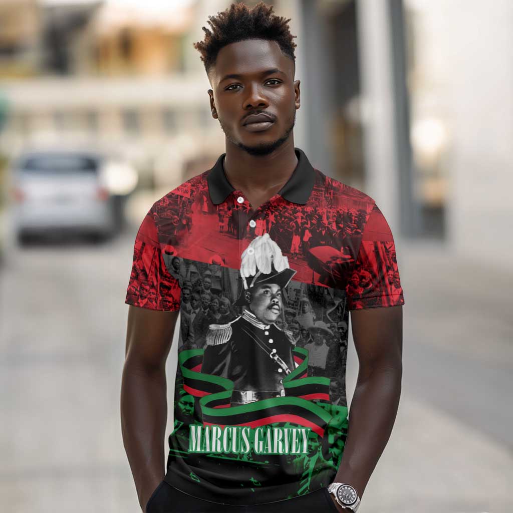 Marcus Garvey Polo Shirt Collage Design Progress Is the Attraction Quote Pan African Movement Tribute TS04