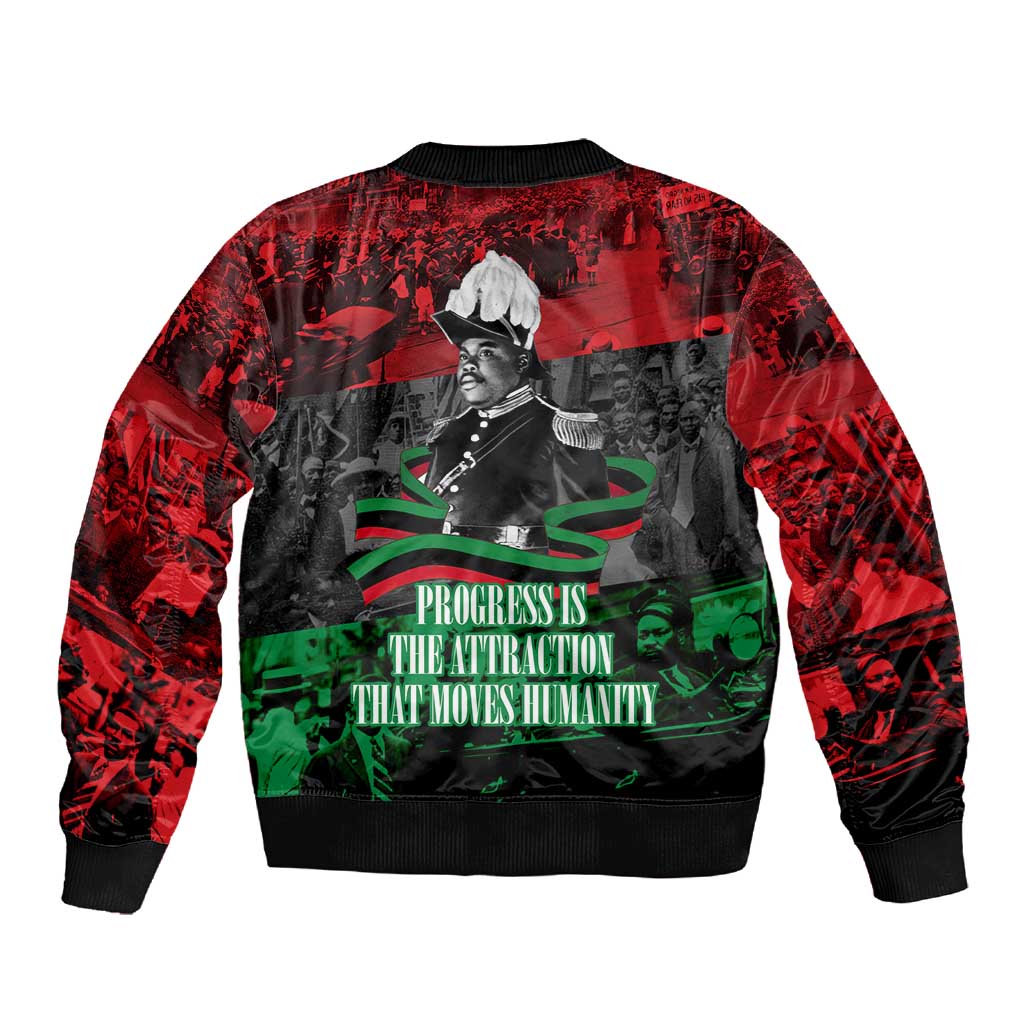 Marcus Garvey Sleeve Zip Bomber Jacket Collage Design Progress Is the Attraction Quote Pan African Movement Tribute - African Pride
