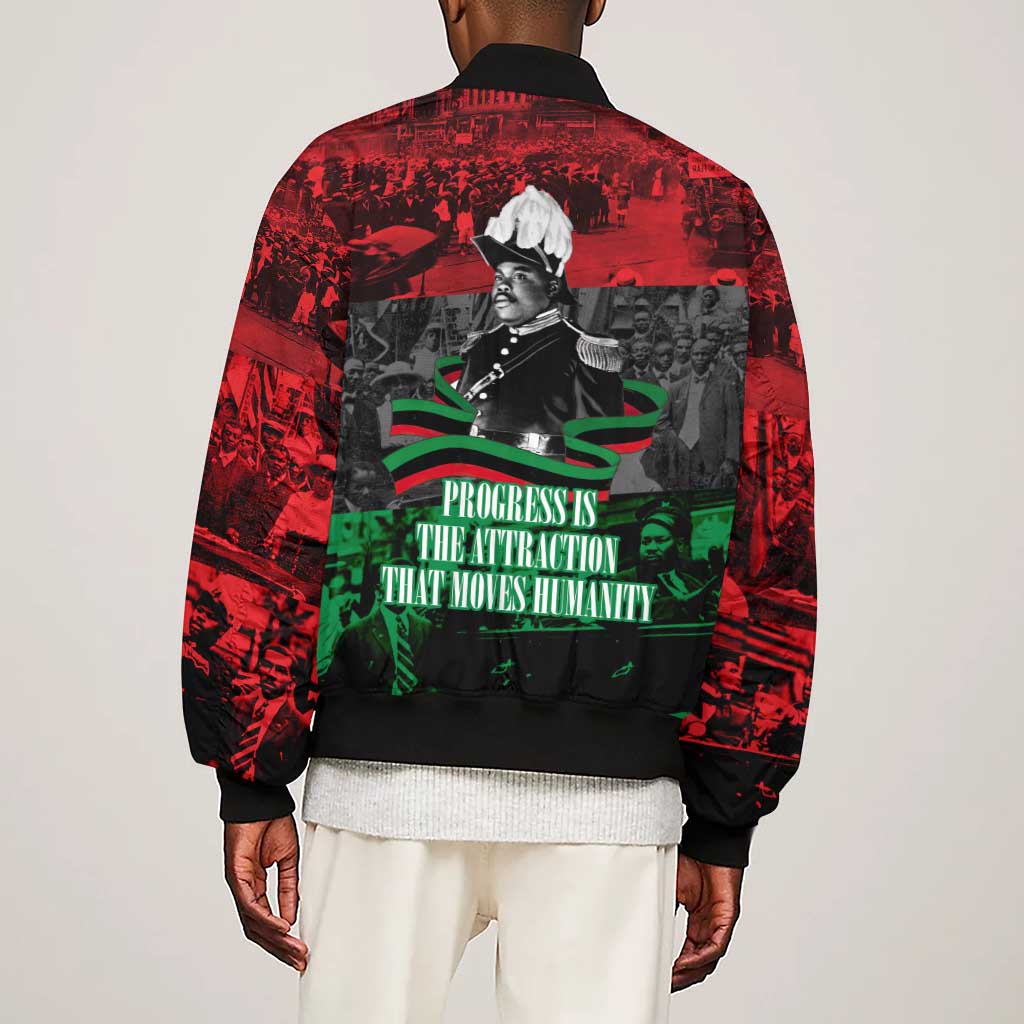 Marcus Garvey Sleeve Zip Bomber Jacket Collage Design Progress Is the Attraction Quote Pan African Movement Tribute - African Pride