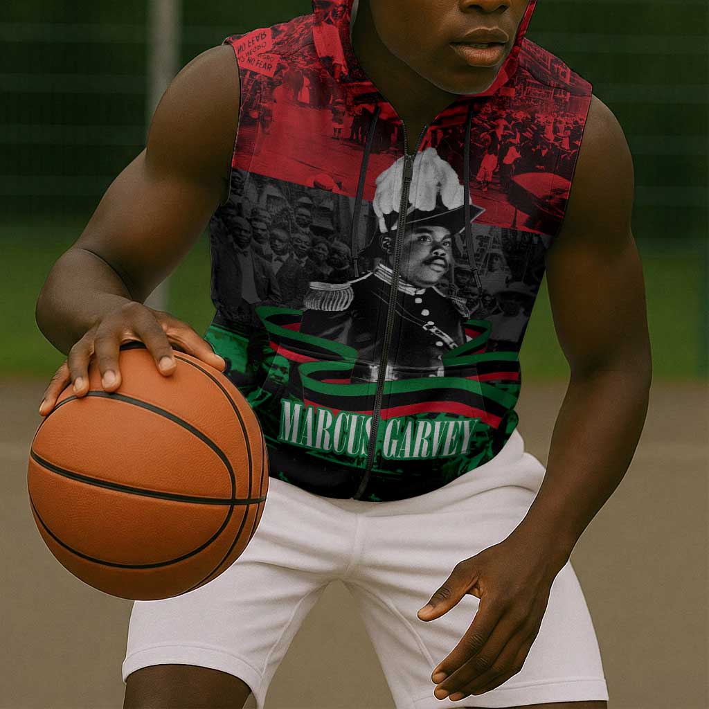 Marcus Garvey Sleeveless Zip Hoodie Collage Design Progress Is the Attraction Quote Pan African Movement Tribute - African Pride