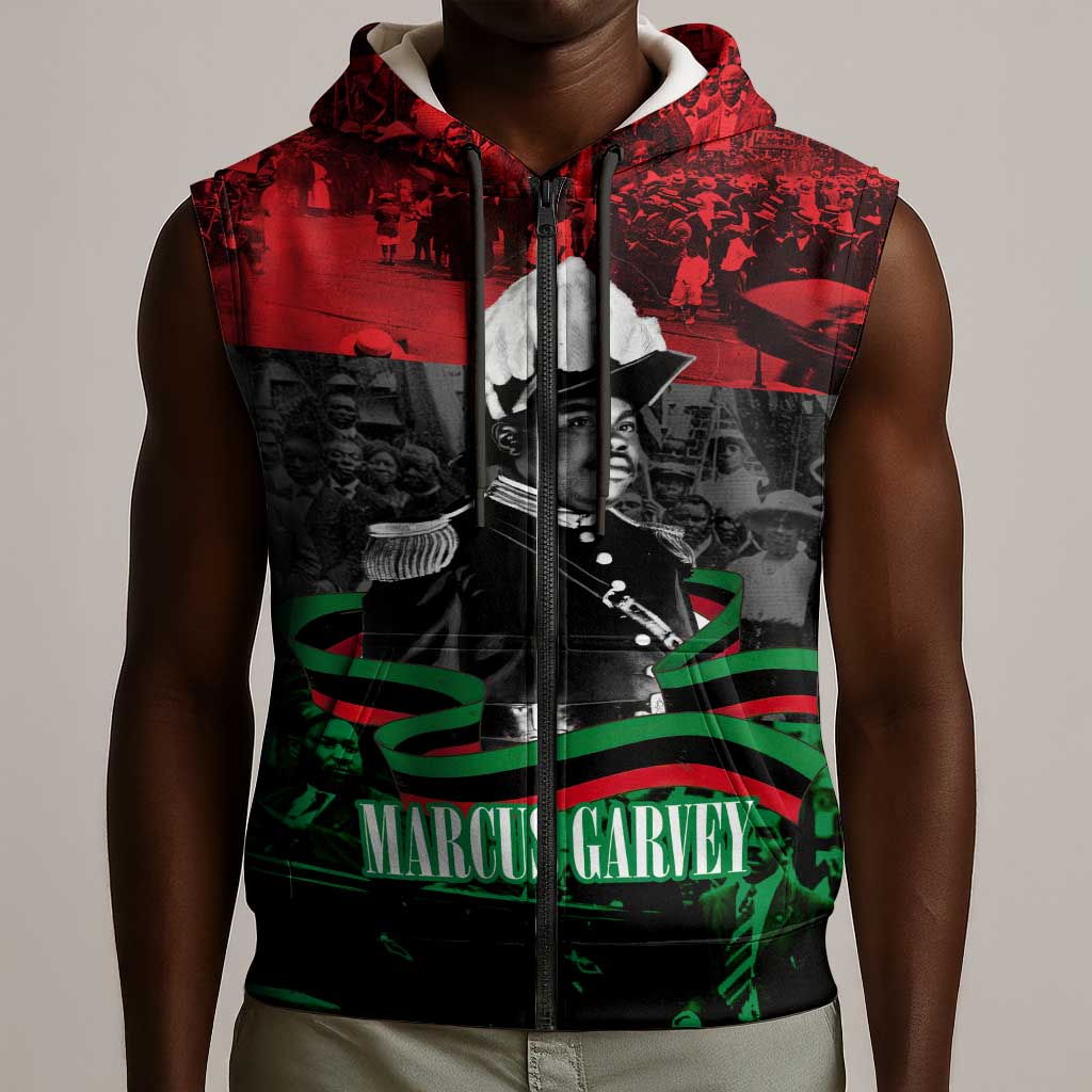 Marcus Garvey Sleeveless Zip Hoodie Collage Design Progress Is the Attraction Quote Pan African Movement Tribute - African Pride