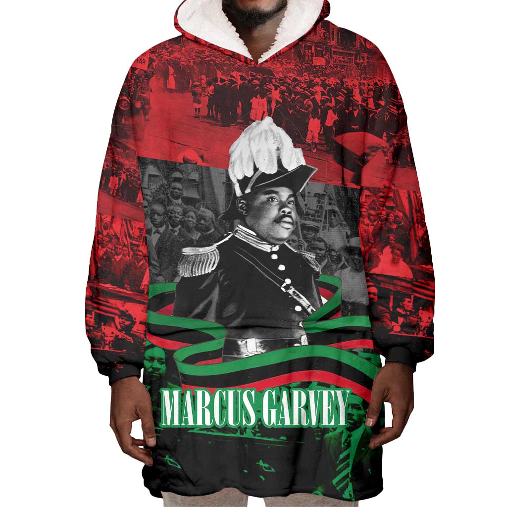 Marcus Garvey Wearable Blanket Hoodie Collage Design Progress Is the Attraction Quote Pan African Movement Tribute - African Pride