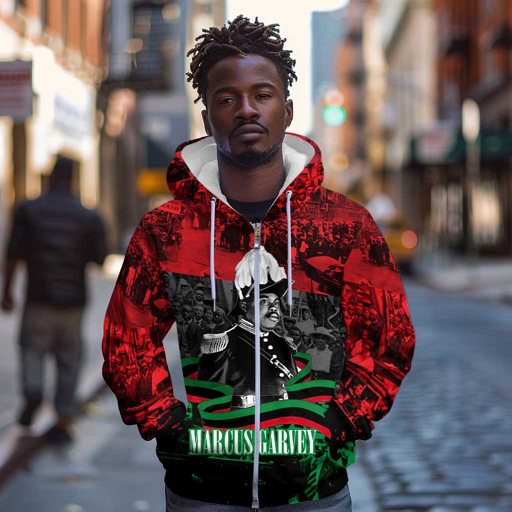 Marcus Garvey Zip Hoodie Collage Design Progress Is the Attraction Quote Pan African Movement Tribute - African Pride