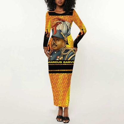 Marcus Garvey Long Sleeve Bodycon Dress Yellow African Pattern Design Pan African Flag Civil Rights Movement Tribute - African Pride