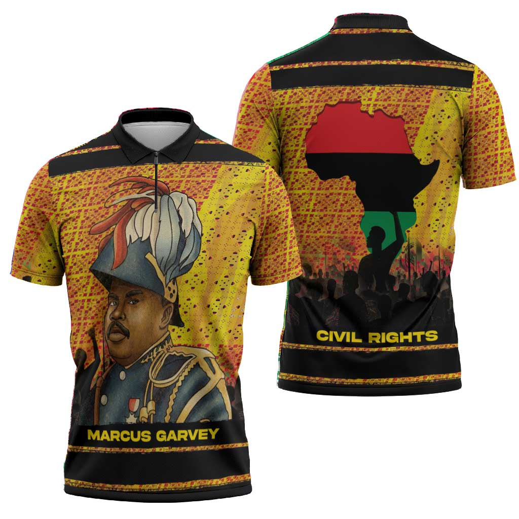Marcus Garvey Zipper Polo Shirt Yellow African Pattern Design Pan African Flag Civil Rights Movement Tribute - African Pride