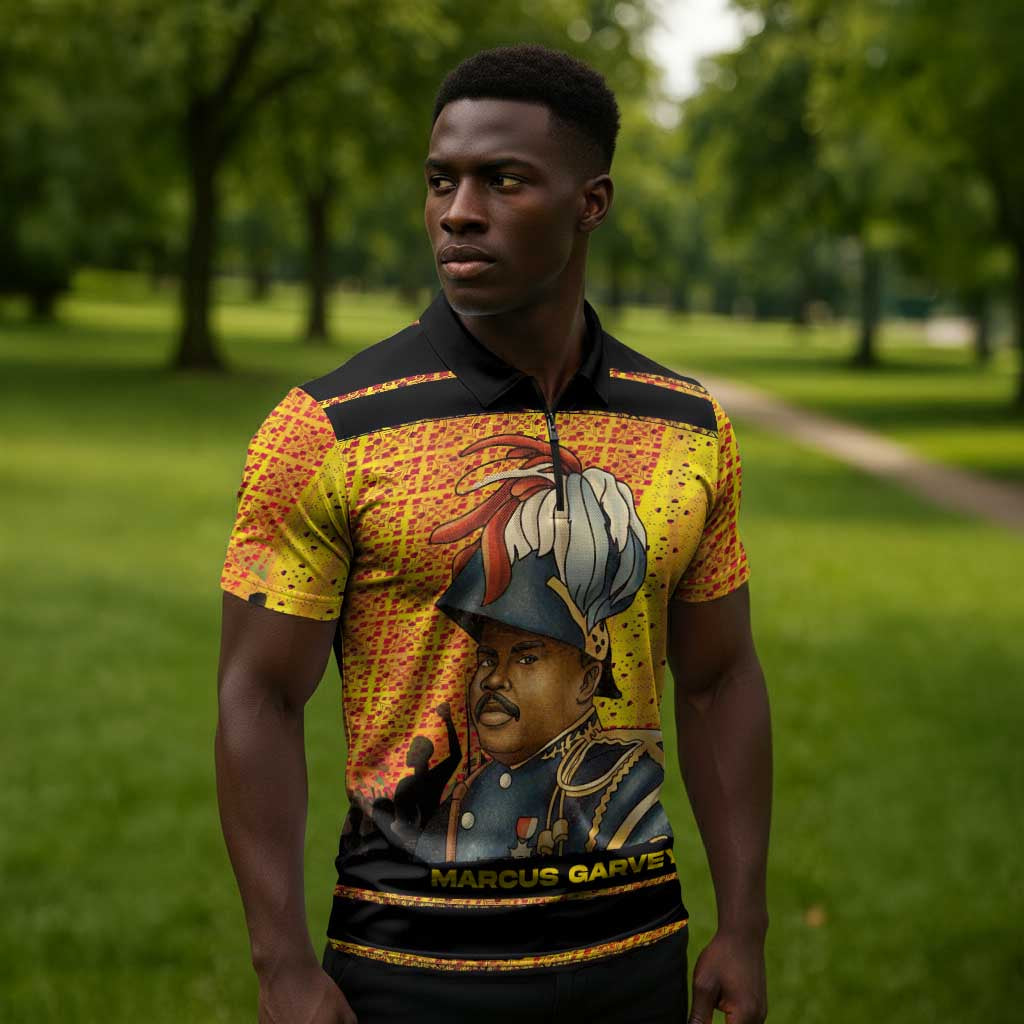 Marcus Garvey Zipper Polo Shirt Yellow African Pattern Design Pan African Flag Civil Rights Movement Tribute - African Pride