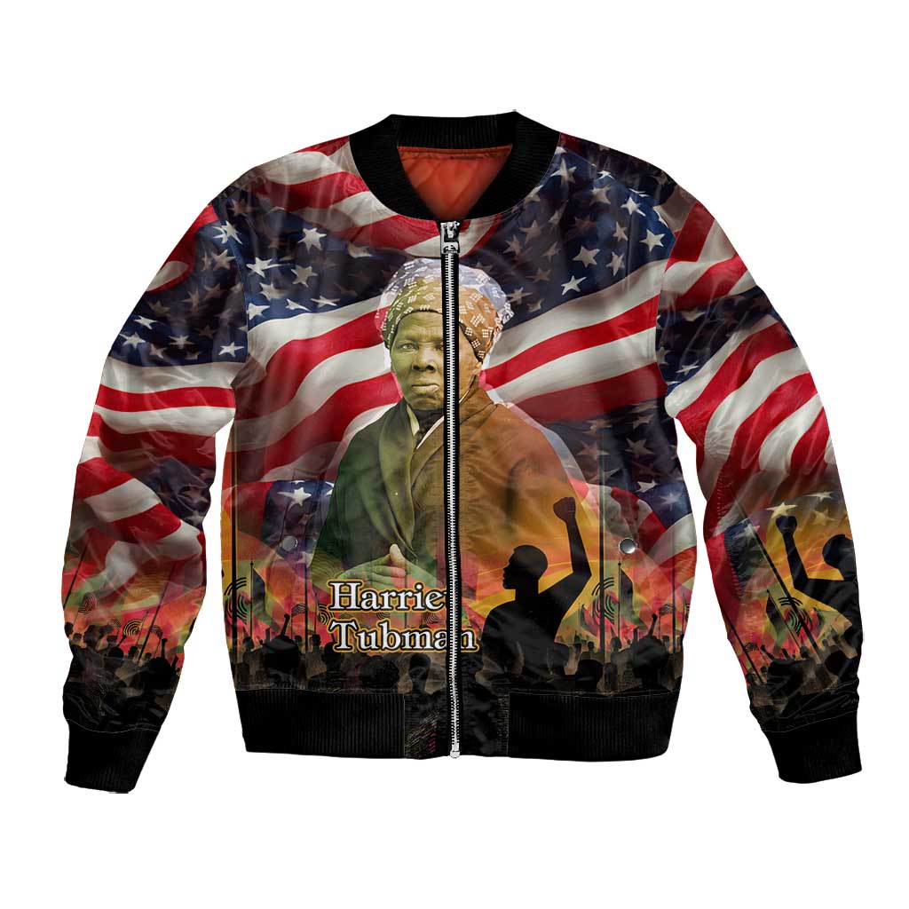Harriet Tubman Bomber Jacket American Flag Background Underground Railroad Quote Powerful Civil Rights - African Pride