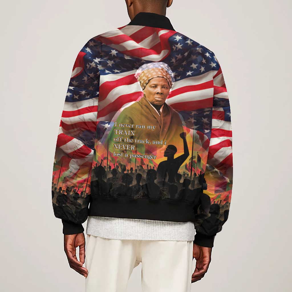 Harriet Tubman Bomber Jacket American Flag Background Underground Railroad Quote Powerful Civil Rights - African Pride