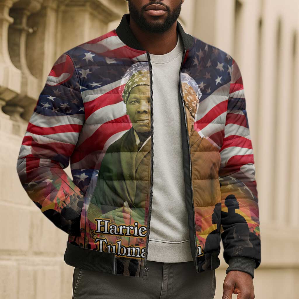 Harriet Tubman Bomber Puffer Jacket American Flag Background Underground Railroad Quote Powerful Civil Rights - African Pride