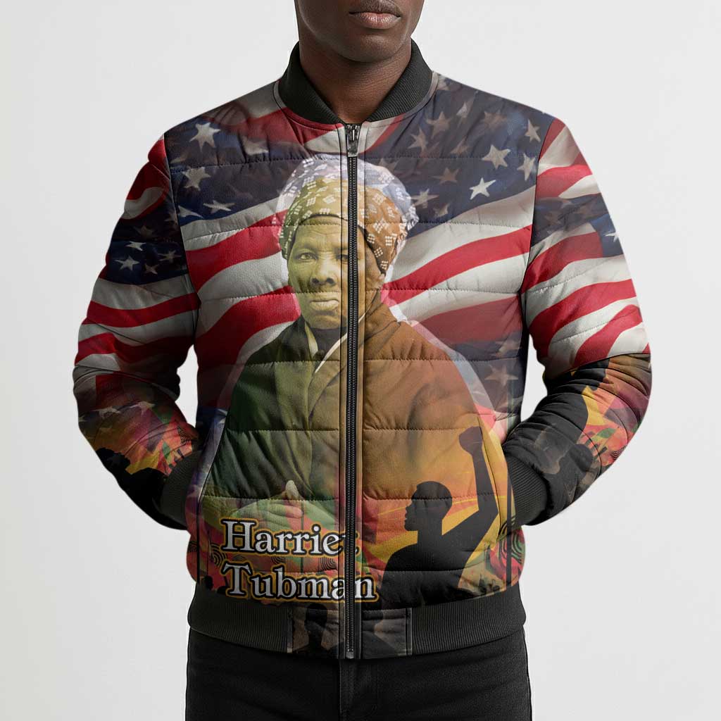 Harriet Tubman Bomber Puffer Jacket American Flag Background Underground Railroad Quote Powerful Civil Rights - African Pride