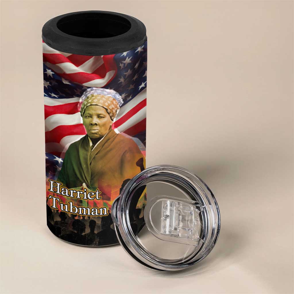 Harriet Tubman 4 in 1 Can Cooler Tumbler American Flag Background Underground Railroad Quote Powerful Civil Rights - African Pride