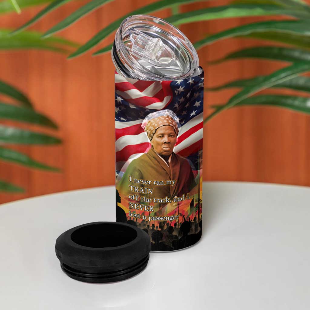 Harriet Tubman 4 in 1 Can Cooler Tumbler American Flag Background Underground Railroad Quote Powerful Civil Rights - African Pride