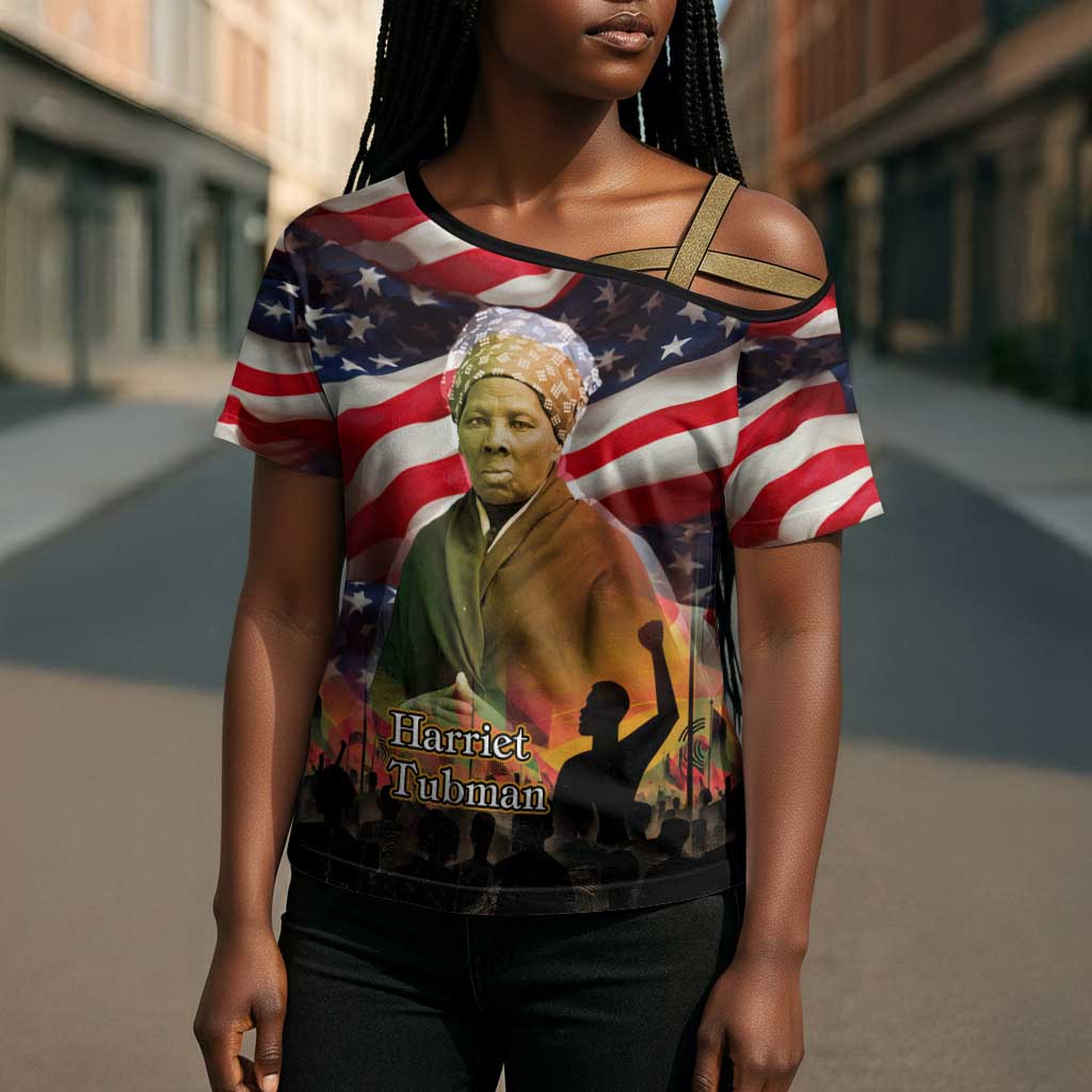 Harriet Tubman Cross Shoulder Shirt American Flag Background Underground Railroad Quote Powerful Civil Rights - African Pride