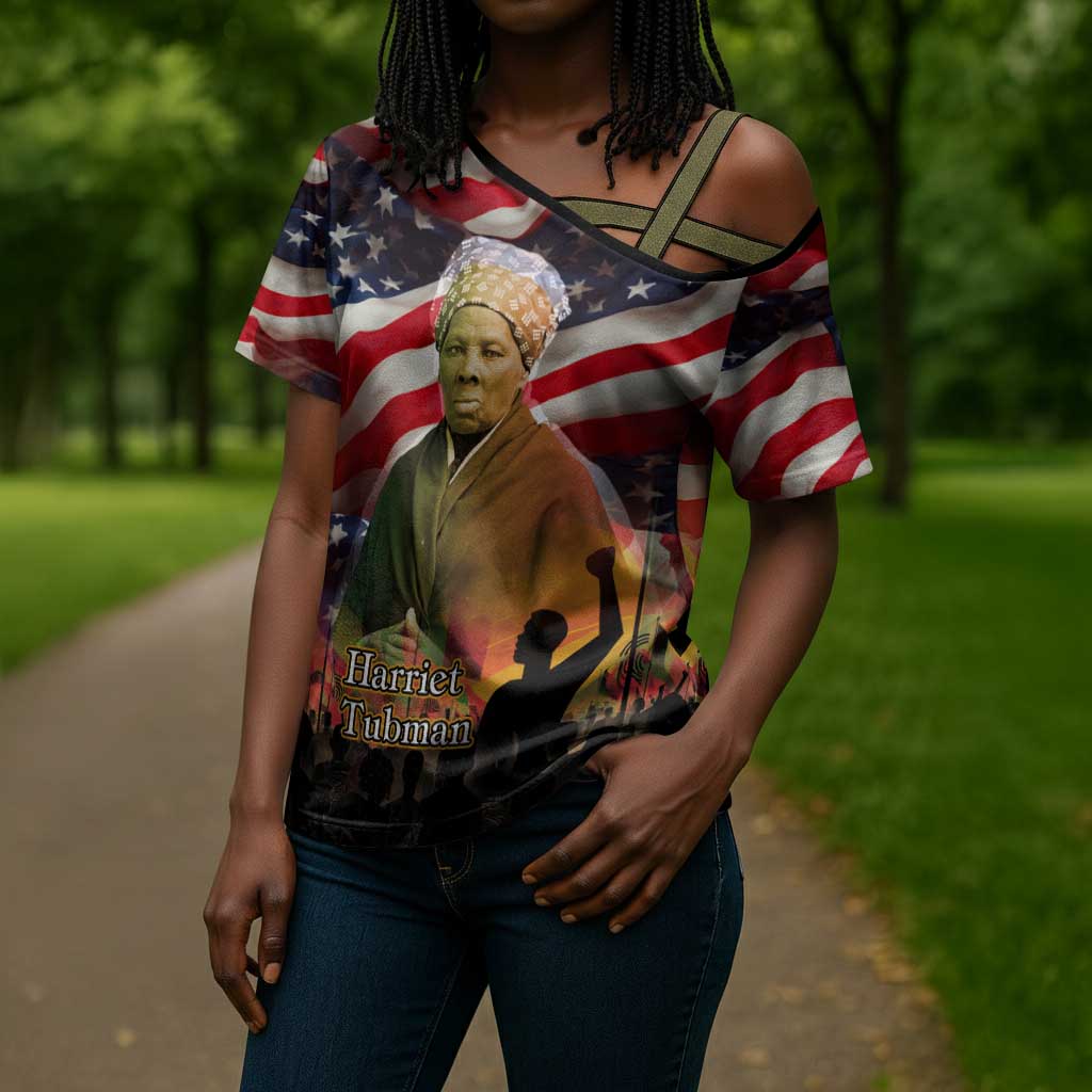 Harriet Tubman Cross Shoulder Shirt American Flag Background Underground Railroad Quote Powerful Civil Rights - African Pride