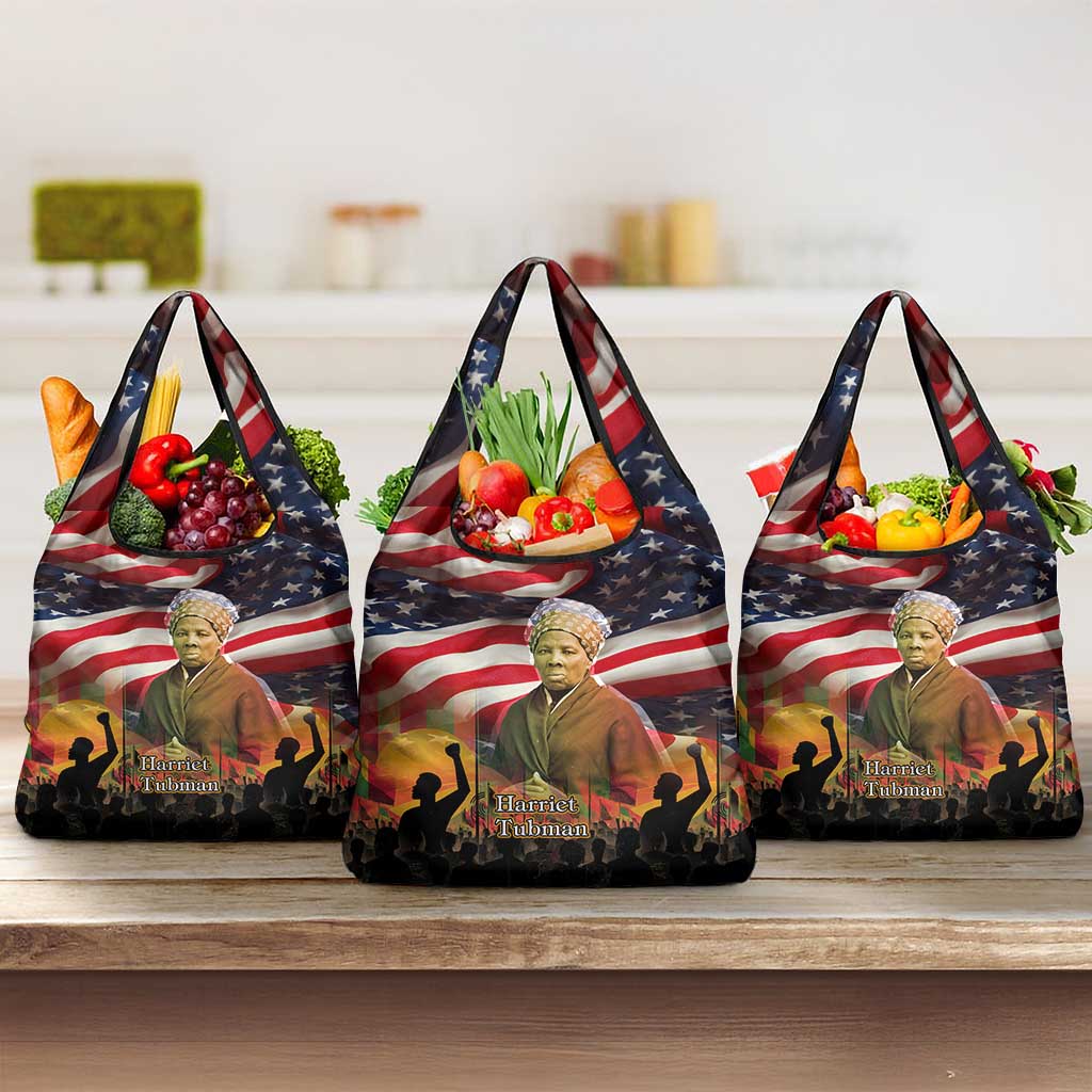 Harriet Tubman Grocery Bag American Flag Background Underground Railroad Quote Powerful Civil Rights - African Pride