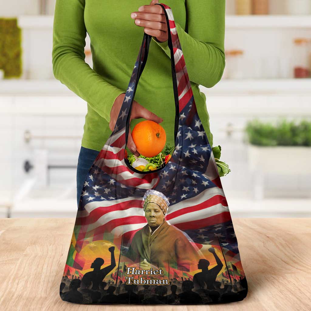 Harriet Tubman Grocery Bag American Flag Background Underground Railroad Quote Powerful Civil Rights - African Pride