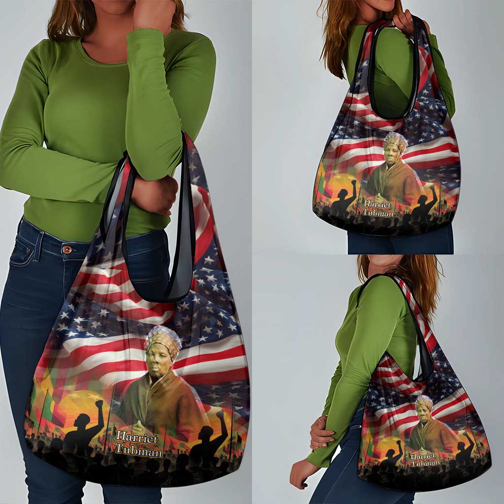 Harriet Tubman Grocery Bag American Flag Background Underground Railroad Quote Powerful Civil Rights - African Pride
