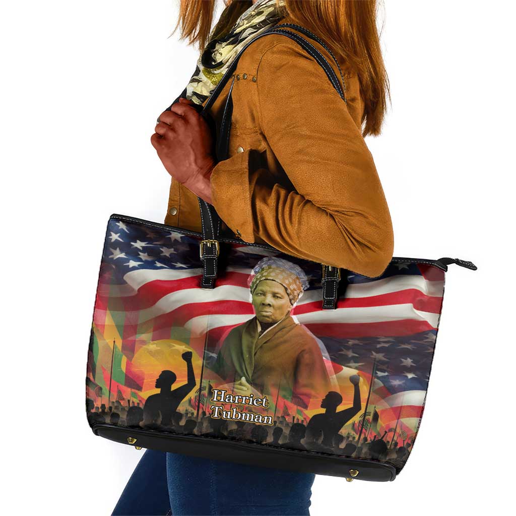 Harriet Tubman Leather Tote Bag American Flag Background Underground Railroad Quote Powerful Civil Rights - African Pride