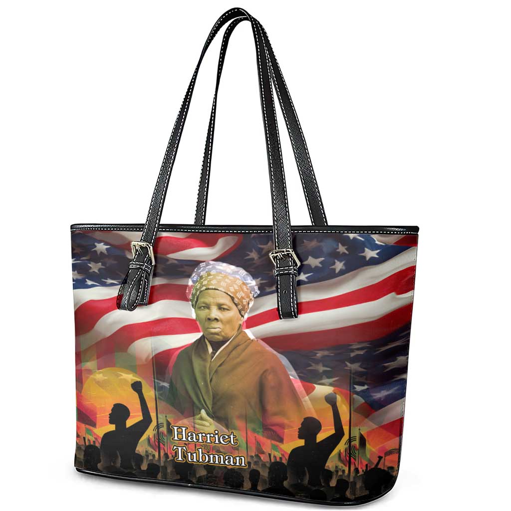 Harriet Tubman Leather Tote Bag American Flag Background Underground Railroad Quote Powerful Civil Rights - African Pride