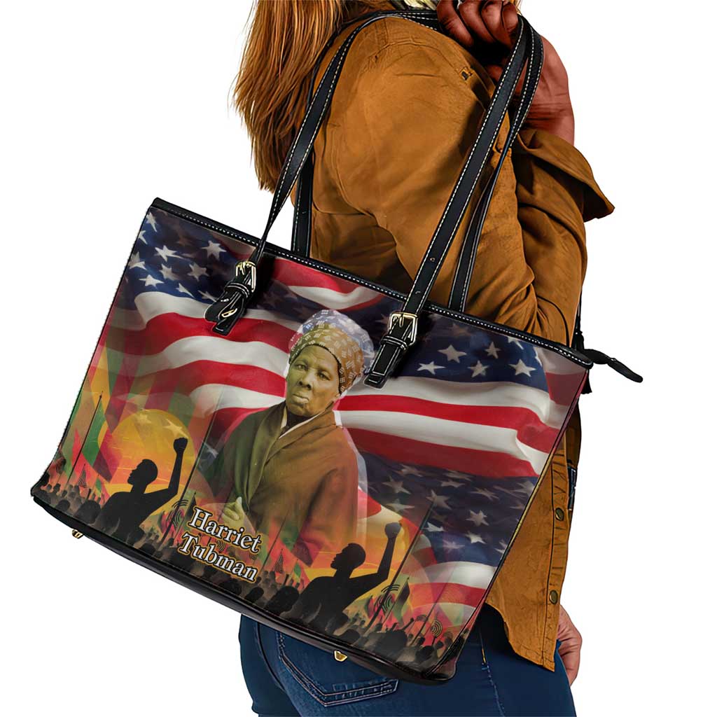 Harriet Tubman Leather Tote Bag American Flag Background Underground Railroad Quote Powerful Civil Rights - African Pride