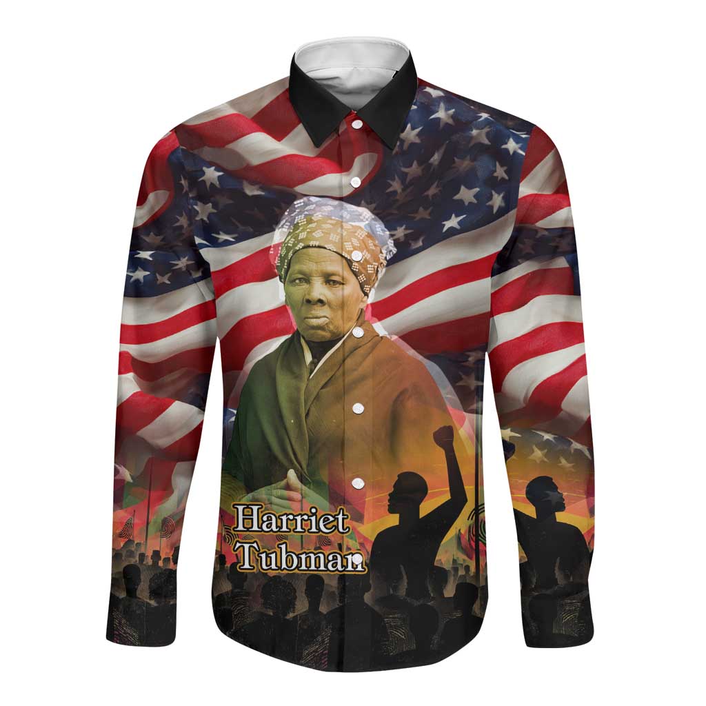 Harriet Tubman Long Sleeve Button Shirt American Flag Background Underground Railroad Quote Powerful Civil Rights - African Pride