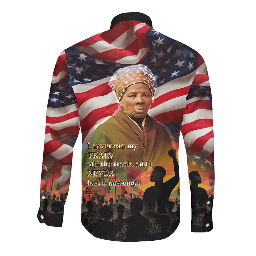 Harriet Tubman Long Sleeve Button Shirt American Flag Background Underground Railroad Quote Powerful Civil Rights - African Pride
