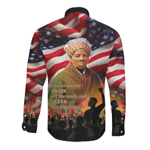 Harriet Tubman Long Sleeve Button Shirt American Flag Background Underground Railroad Quote Powerful Civil Rights - African Pride