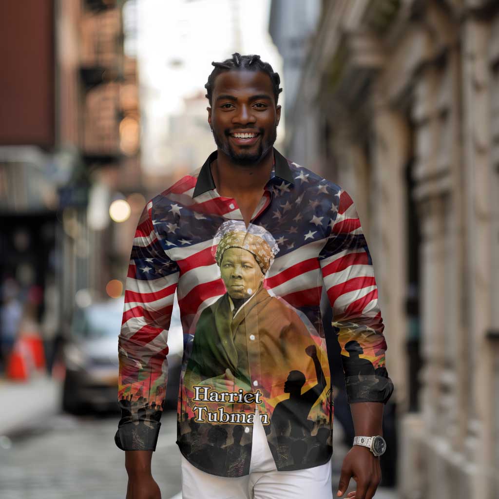 Harriet Tubman Long Sleeve Button Shirt American Flag Background Underground Railroad Quote Powerful Civil Rights - African Pride