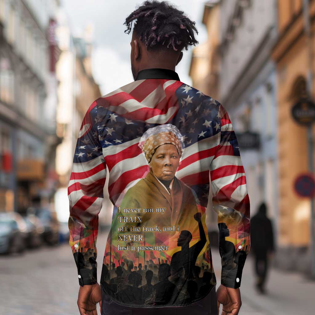 Harriet Tubman Long Sleeve Button Shirt American Flag Background Underground Railroad Quote Powerful Civil Rights - African Pride