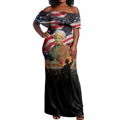 Harriet Tubman Off Shoulder Maxi Dress American Flag Background Underground Railroad Quote Powerful Civil Rights - African Pride
