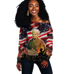 Harriet Tubman Off Shoulder Sweater American Flag Background Underground Railroad Quote Powerful Civil Rights - African Pride