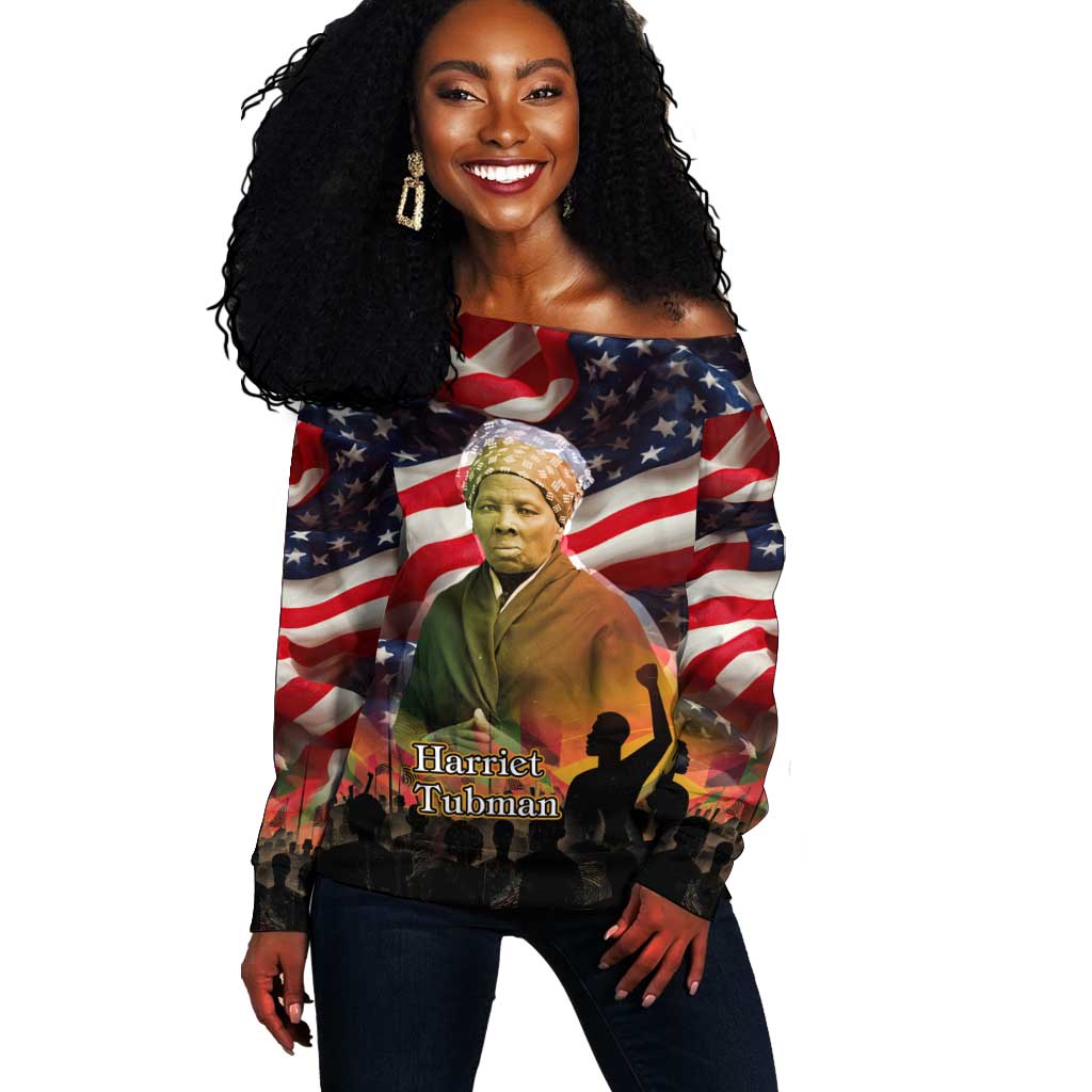 Harriet Tubman Off Shoulder Sweater American Flag Background Underground Railroad Quote Powerful Civil Rights - African Pride