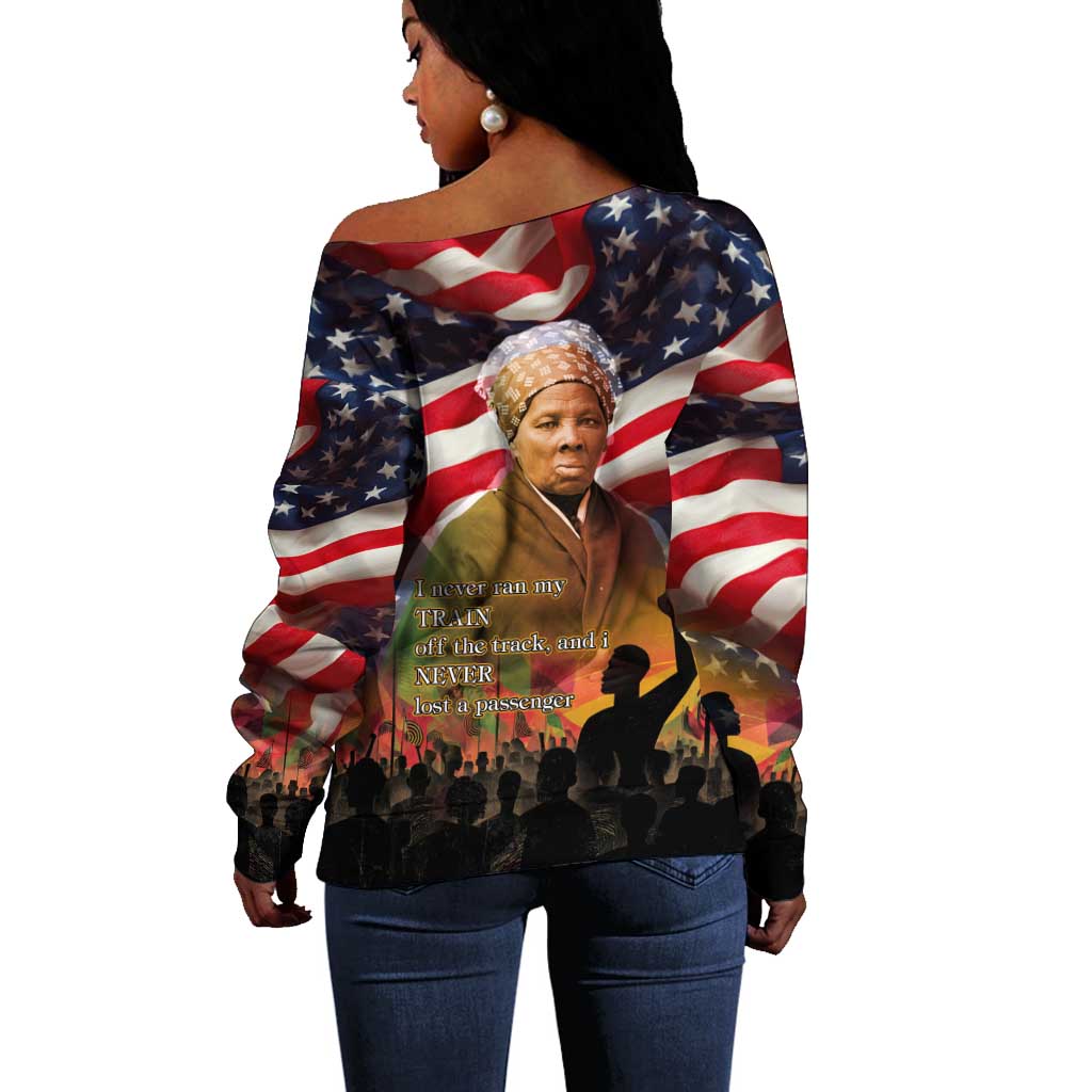 Harriet Tubman Off Shoulder Sweater American Flag Background Underground Railroad Quote Powerful Civil Rights - African Pride