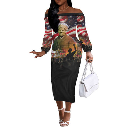 Harriet Tubman Off The Shoulder Long Sleeve Dress American Flag Background Underground Railroad Quote Powerful Civil Rights - African Pride