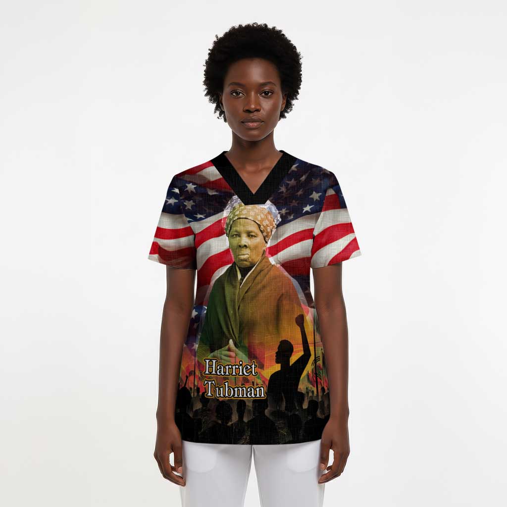 Harriet Tubman Scrub Top American Flag Background Underground Railroad Quote Powerful Civil Rights - African Pride