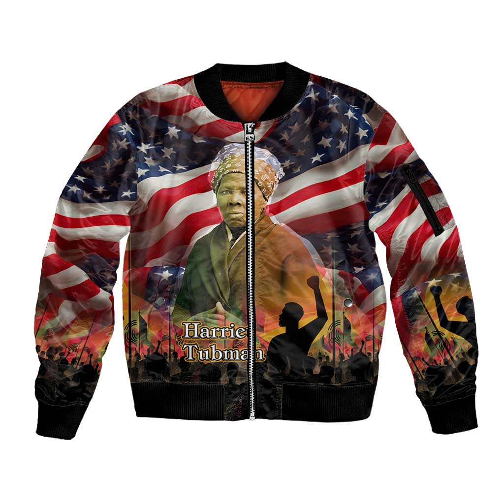 Harriet Tubman Sleeve Zip Bomber Jacket American Flag Background Underground Railroad Quote Powerful Civil Rights - African Pride