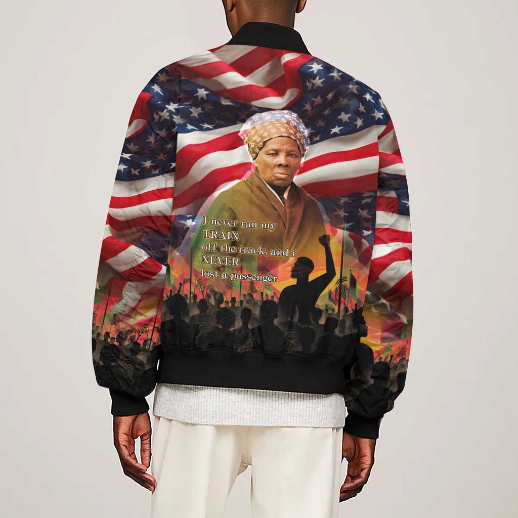 Harriet Tubman Sleeve Zip Bomber Jacket American Flag Background Underground Railroad Quote Powerful Civil Rights - African Pride