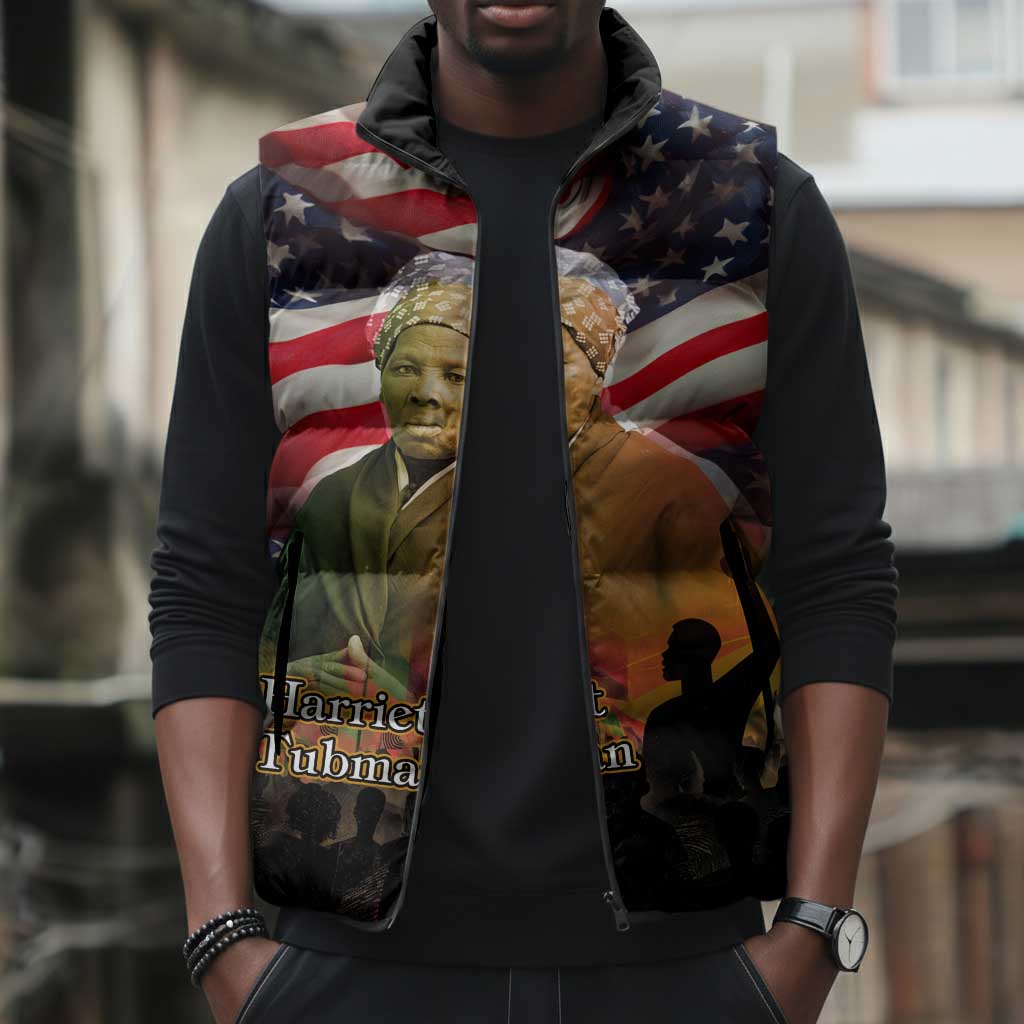 Harriet Tubman Sleeveless Puffer Jacket American Flag Background Underground Railroad Quote Powerful Civil Rights - African Pride